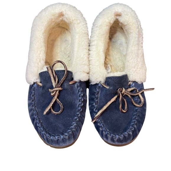L.L.Bean Women's Wicked Good Moccasins Size 7 in Charcoal Blue Leather Shearling - Picture 1 of 8